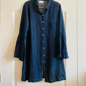 Luxe Parker Smith Womens Denim Button Down Long Bell Sleeve Tunic Shirt Size L